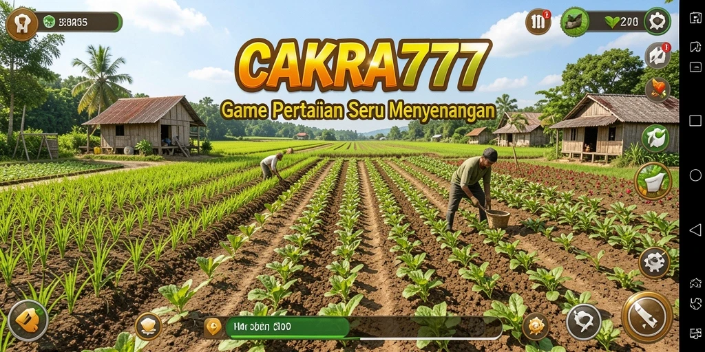 Tangkapan layar gameplay CAKRA777 yang menunjukkan kebun yang subur dan kegiatan bermain.