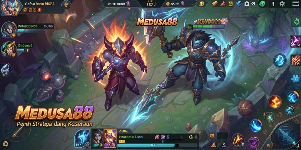 Screenshot utama MEDUSA88 menampilkan aksi seru dalam pertempuran MOBA.
