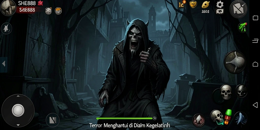 Tangkapan layar gameplay SHE888 menampilkan suasana horor yang mencekam.